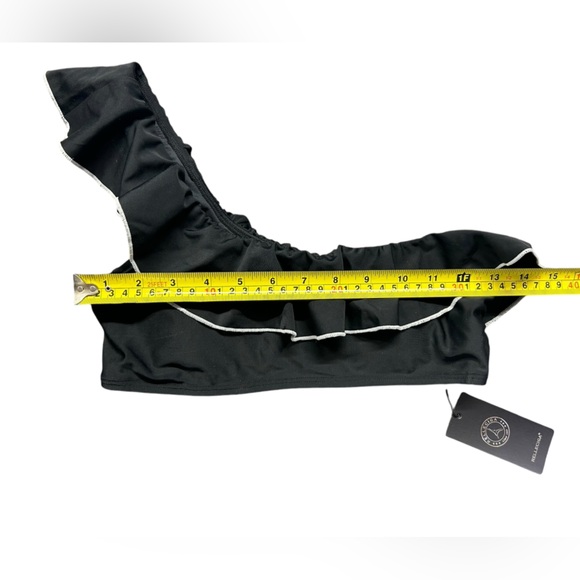 RELLECIGA women’s one shoulder bikini swim top black w white stitching NWT - Picture 4 of 4